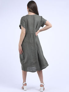 'Anna' Khaki 100% Linen Dress with Pockets