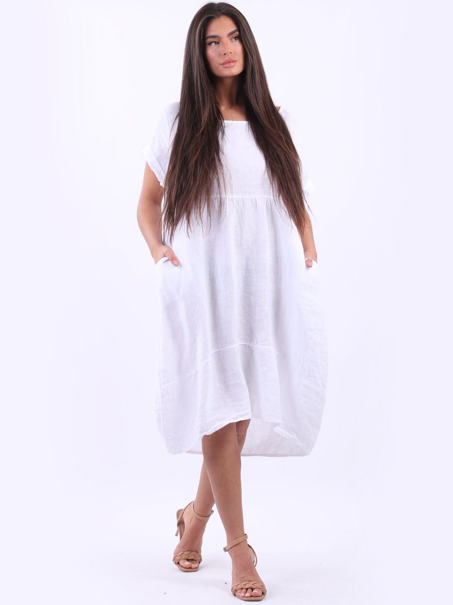 'Anna' Off White 100% Linen Dress with Pockets