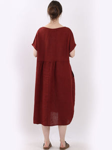 'Anna' Rust 100% Linen Dress with Pockets