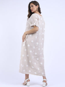 'Dot' Beige Polka Dot Print Oversized 100% Linen Slouchy Dress
