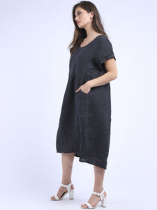 'Anna' Charcoal 100% Linen Dress with Pockets