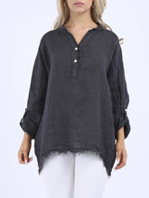 Load image into Gallery viewer, 'Ruby' Charcoal Relaxed Fit 100% Linen Top with Raw Edges