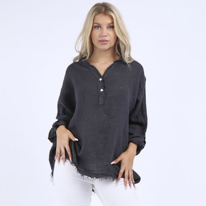'Ruby' Charcoal Relaxed Fit 100% Linen Top with Raw Edges