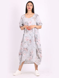 'Edith' Light Grey Floral 100% Linen Slouchy Dress