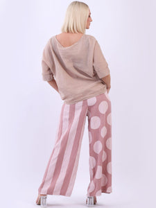 'Coco' Pink Polka/Stripe Wide Leg Linen Palazzo Pants