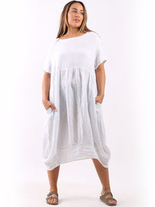 'Mila' White 100% Linen Midi Swing Dress with Pockets