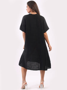 'Rylie' Black 100% Linen Shift Dress with Raw Edges