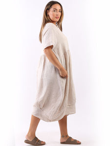 'Mila' Beige 100% Linen Midi Swing Dress with Pockets