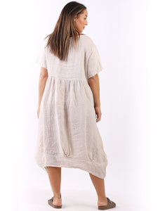 'Mila' Beige 100% Linen Midi Swing Dress with Pockets