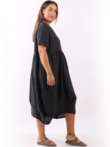 'Mila' Charcoal 100% Linen Midi Swing Dress with Pockets