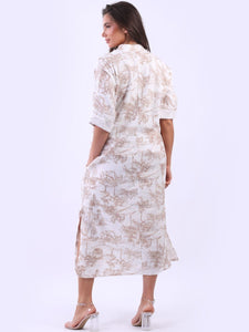 'Delphine' Mocha Jungle Print 100% Linen Maxi Shirt Dress