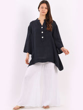 Load image into Gallery viewer, 'Lulu' Navy Bell Sleeve 100% Linen Top