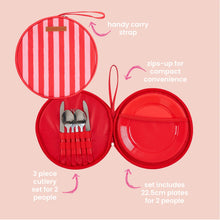 Load image into Gallery viewer, Red Stripe Picnic Round Plate & Cutlery Set