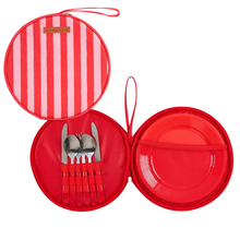 Load image into Gallery viewer, Red Stripe Picnic Round Plate & Cutlery Set