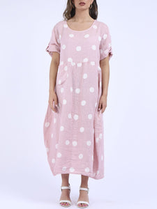 'Dot' Pink Polka Dot Print Oversized 100% Linen Slouchy Dress