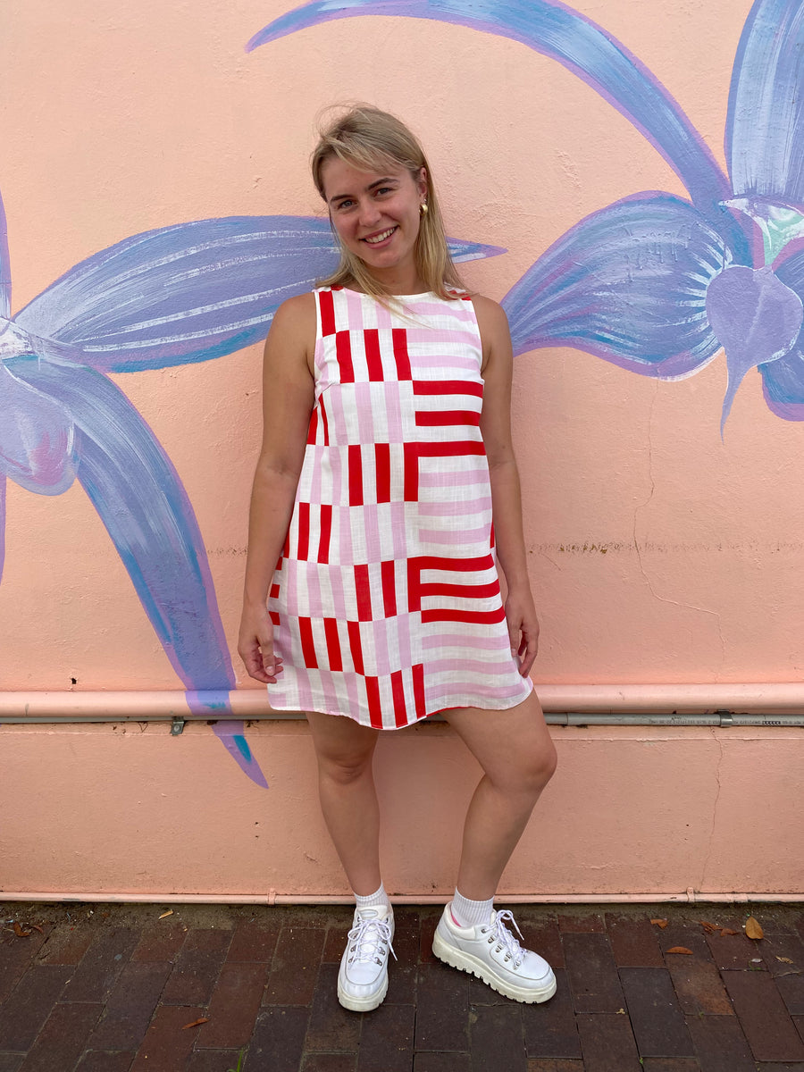 Pink/Red Geo Stripe Shift Dress