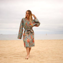 Load image into Gallery viewer, Sky Blue/Orange Floral Cotton Waffle Robe