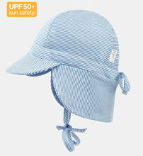 Load image into Gallery viewer, Blue striped sun hat with UPF 50+ label on a white background