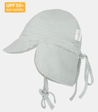 Load image into Gallery viewer, Striped baby hat with UPF 50+ sun safety label on a white background