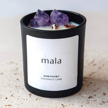 Load image into Gallery viewer, Amethyst Crystal Infused Candle: Black Lavender + Amber / Black Jar
