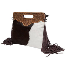 Load image into Gallery viewer, Cusco Brown &amp; White Tooled Leather Cowhide Bag with Fringing
