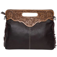 Load image into Gallery viewer, Cusco Brown &amp; White Tooled Leather Cowhide Bag with Fringing