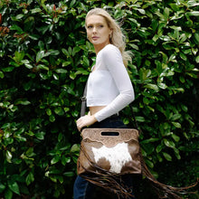 Load image into Gallery viewer, Cusco Brown &amp; White Tooled Leather Cowhide Bag with Fringing