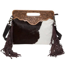 Load image into Gallery viewer, Cusco Brown &amp; White Tooled Leather Cowhide Bag with Fringing