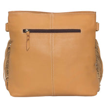 Load image into Gallery viewer, Tan &amp; White Pasto Tooled Leather Medium Sling Cowhide Bag with Fringe