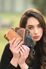Load image into Gallery viewer, Zip Purse Brown &amp; White Tooled Leather Cowhide