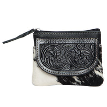 Load image into Gallery viewer, Zip Purse Black &amp; White Tooled Leather Cowhide