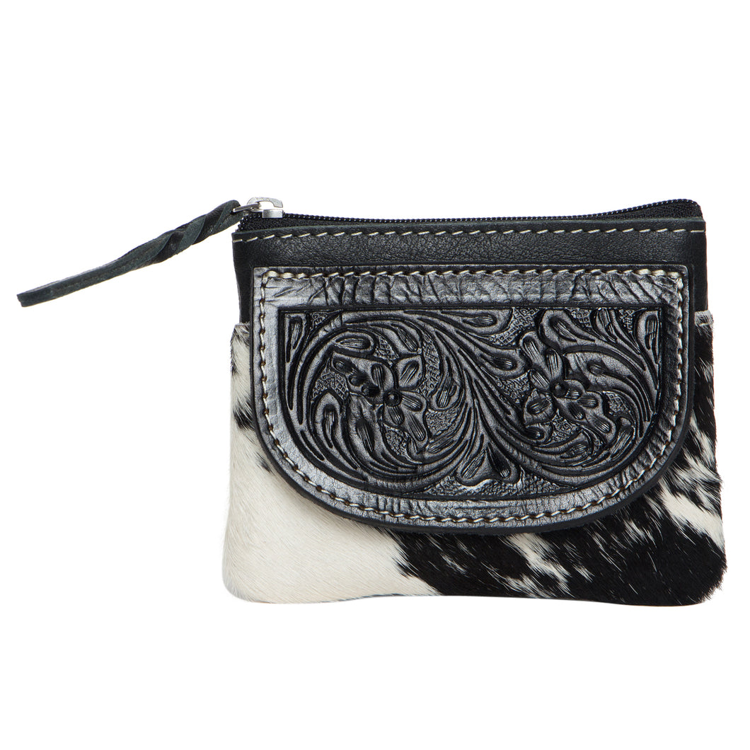 Zip Purse Black & White Tooled Leather Cowhide