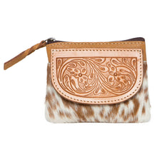 Load image into Gallery viewer, Arica Tan &amp; White Tooled Leather Cowhide Zip Purse