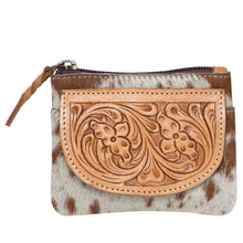 Load image into Gallery viewer, Tan &amp; White Hairon Tooled Leather Cowhide Zip Purse