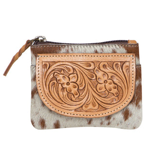 Tan & White Hairon Tooled Leather Cowhide Zip Purse