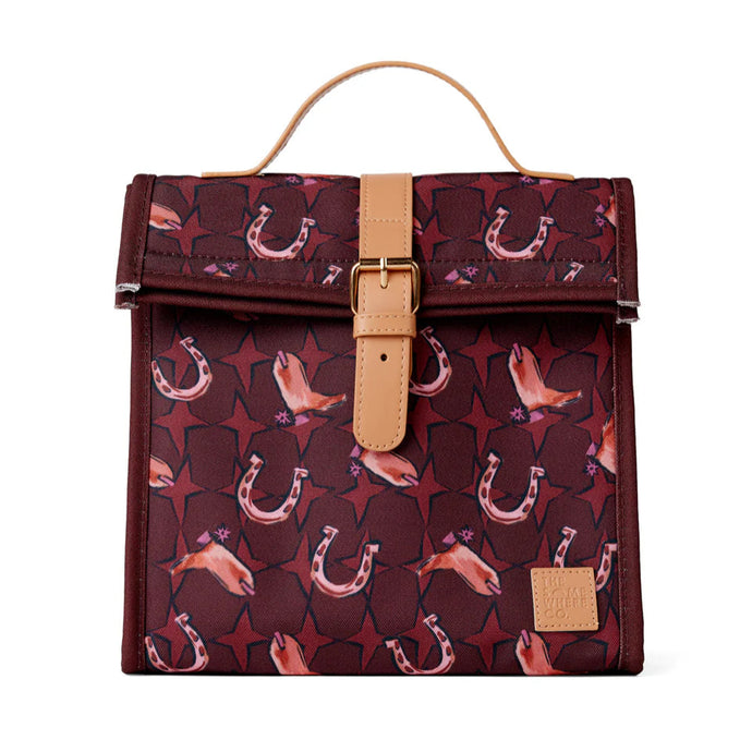 Patterned bag with a brown strap on a white background