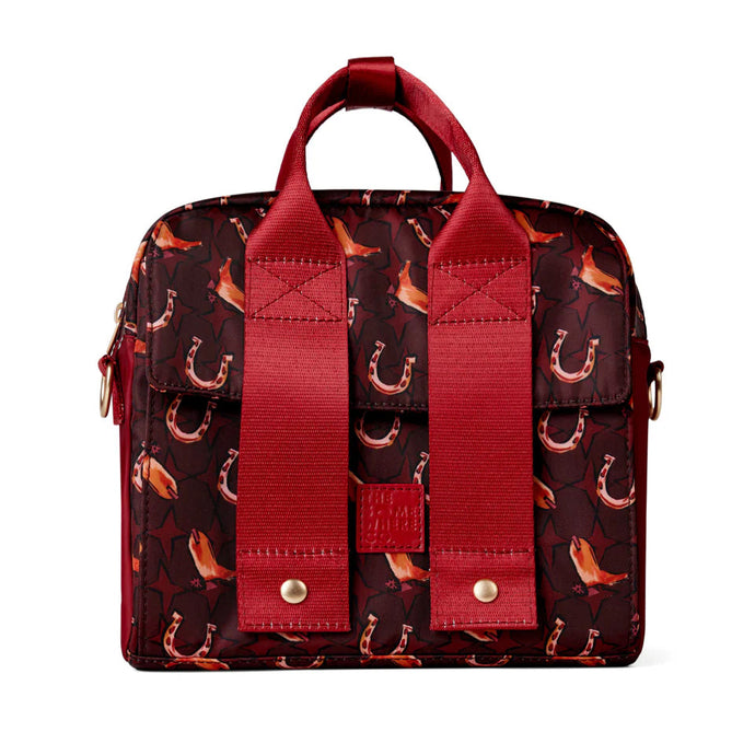 Red and brown patterned bag with red straps on a white background