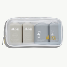 Load image into Gallery viewer, Set of &#39;alive&#39; skincare products in a white travel case on a white background