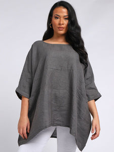 'Alessia' Charcoal Oversized Linen Top with 3/4 Sleeve