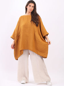'Alessia' Mustard Oversized Linen Top with 3/4 Sleeve