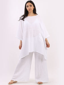 'Alessia' White Oversized Linen Top with 3/4 Sleeve