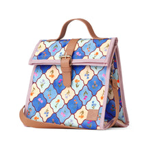 Load image into Gallery viewer, Floral patterned lunch bag with pink trim and brown handles on a white background