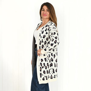 "Amanda" Winter White & Leopard Print Longline Cardigan - Love Lola