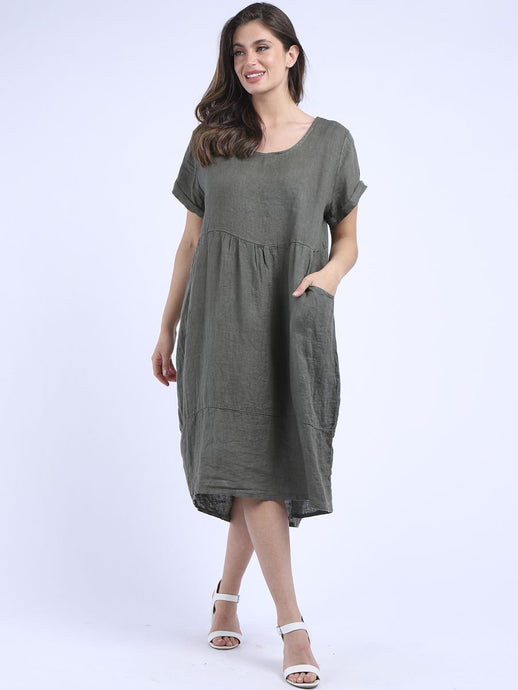 'Anna' Khaki 100% Linen Dress with Pockets