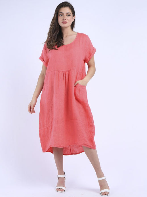 'Anna' Coral 100% Linen Dress with Pockets