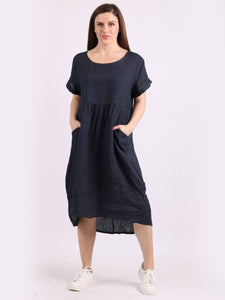 'Anna' Navy 100% Linen Dress with Pockets