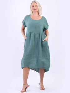 'Anna' Ocean Blue 100% Linen Dress with Pockets