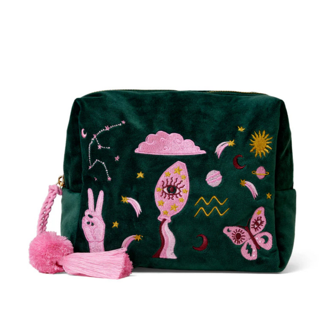 Green velvet cosmetic pouch with pink and white aquarius designs on a white background