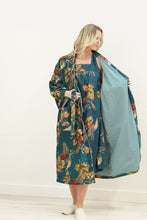 Load image into Gallery viewer, Autumn Leaf Petrol Blue Velvet Kimono Robe