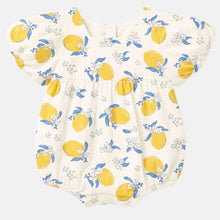 Load image into Gallery viewer, A baby romper with a yellow lemon and blue leaf pattern on a cream background, featuring short puff sleeves and a smocked waist.